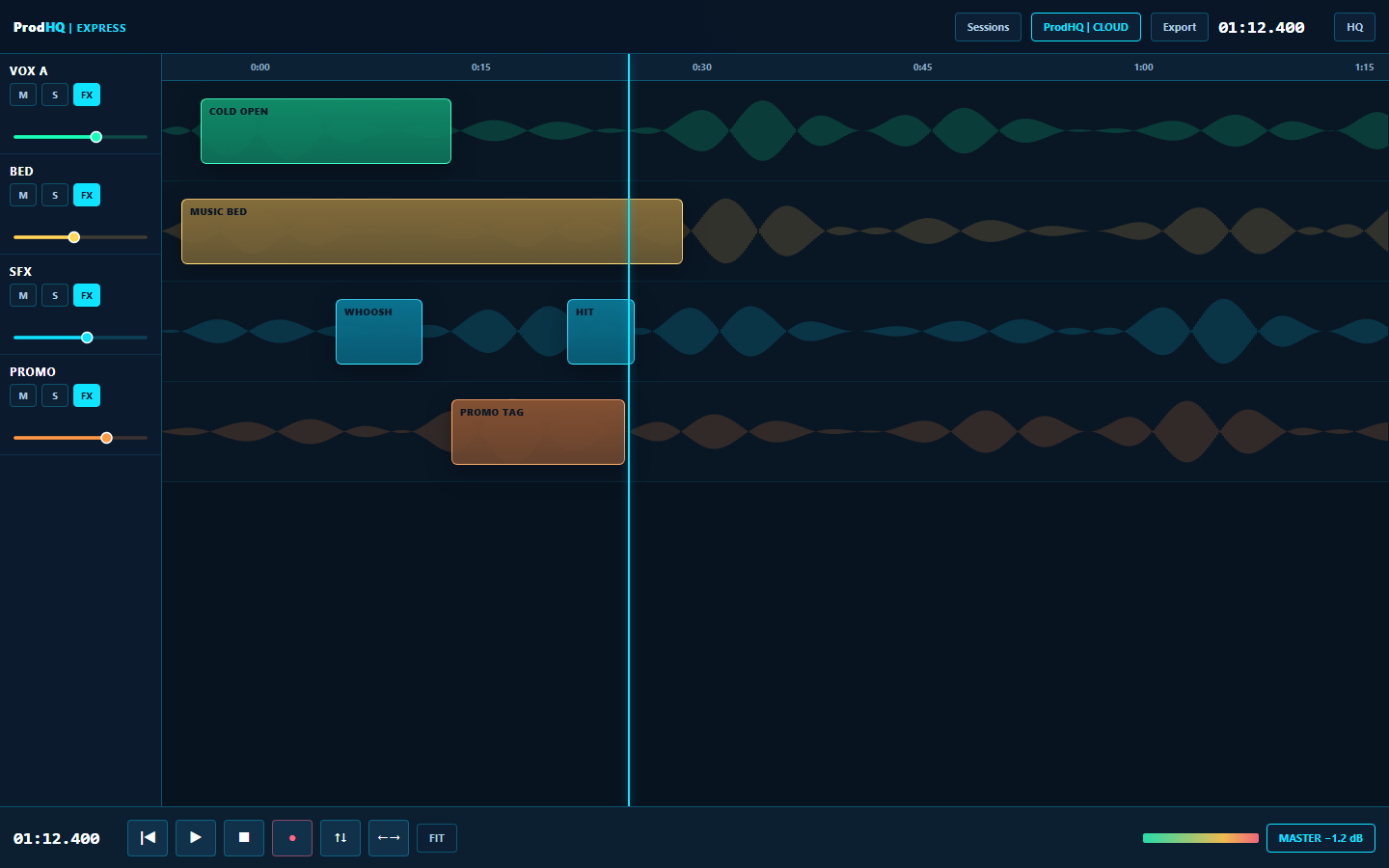 ProdHQ Express timeline with VOX, BED, SFX, and PROMO tracks