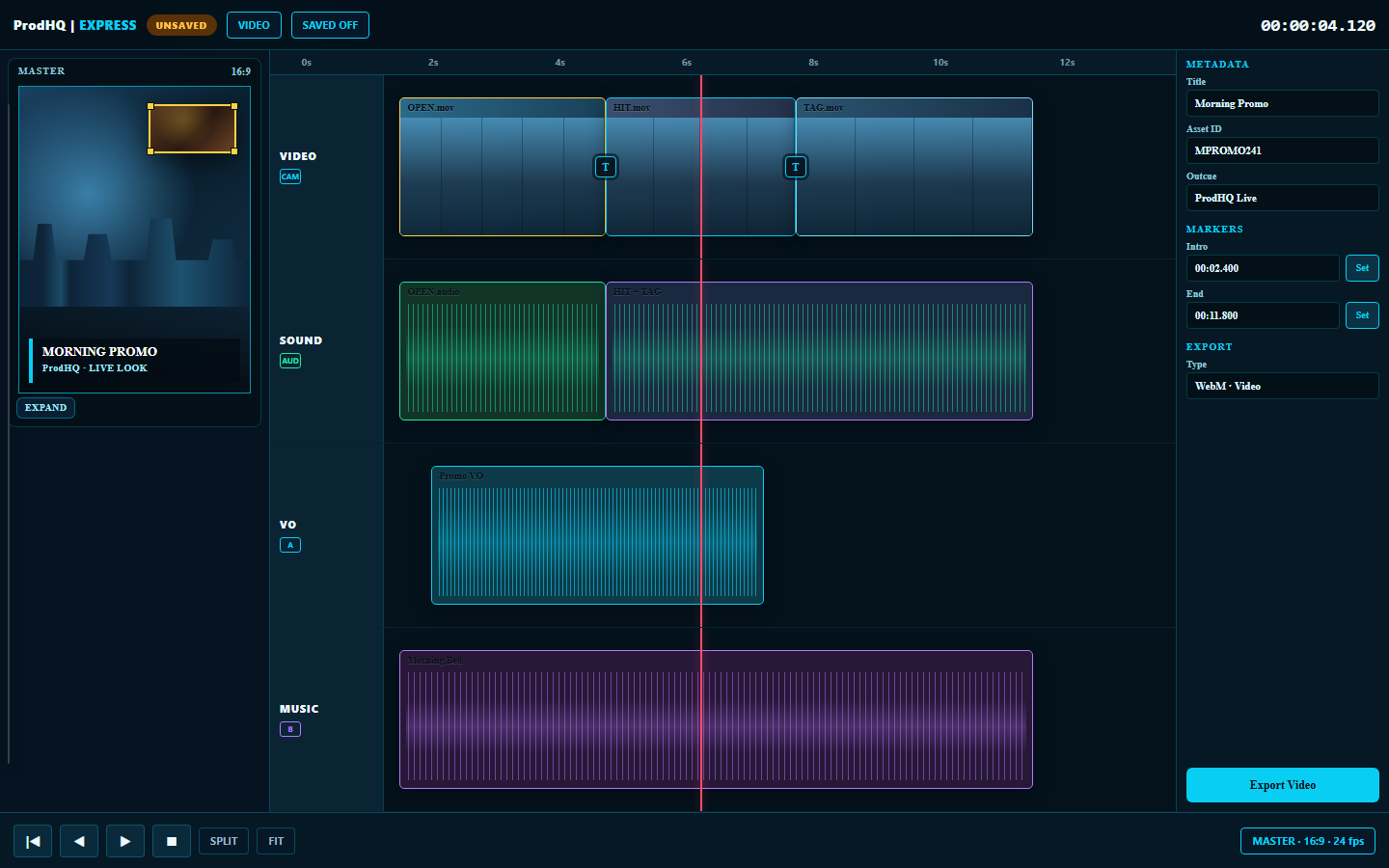 ProdHQ Express Video workspace — MASTER / CLIP preview and Video + Sound timeline