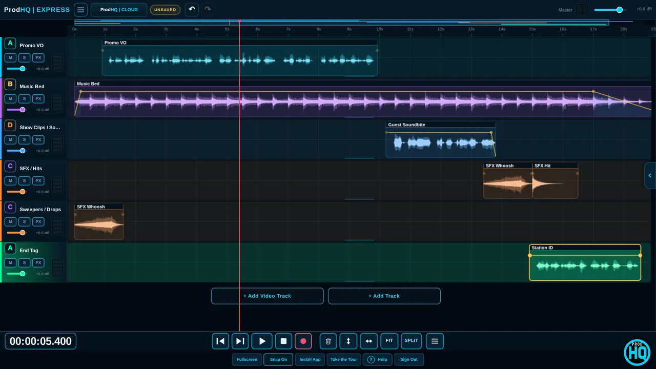 Promo session with voice, music bed, sound effects, sweepers and a station ID