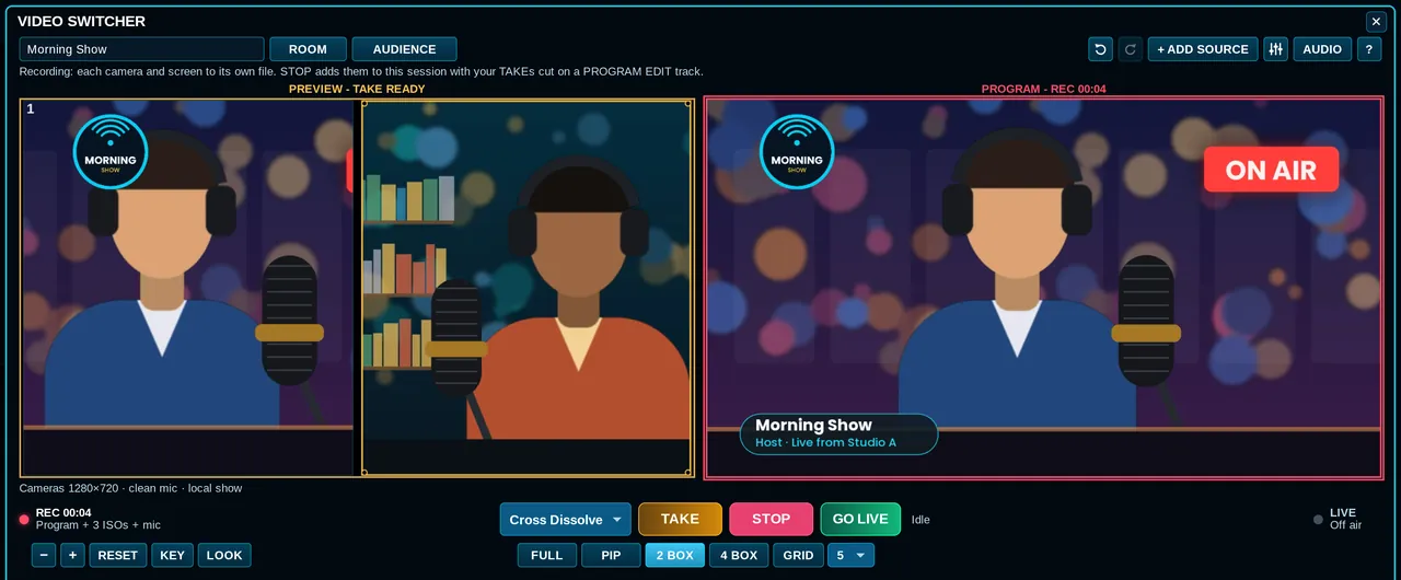 ProdHQ Video Switcher: two cameras on Preview, the host on Program with a logo and nameplate