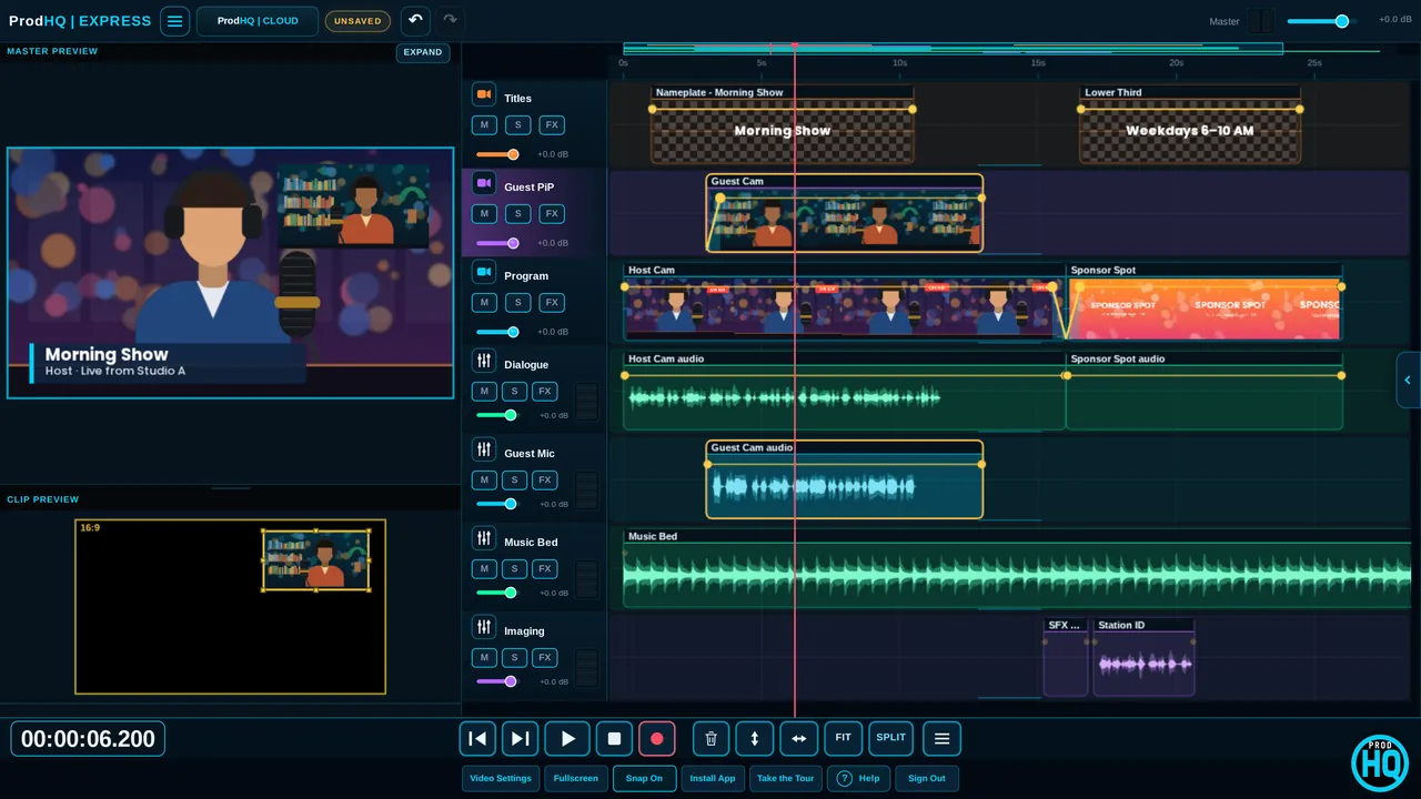 ProdHQ VIDEO timeline with a picture-in-picture guest, a nameplate and a transition